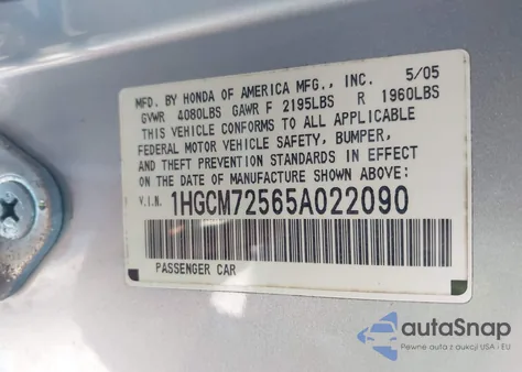 2005 Honda Accord 2.4 Lx Special Edition из США, поврежденный, VIN 1HGCM72565A022090